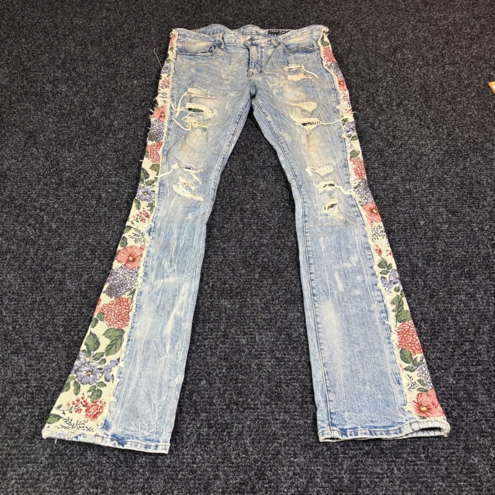 Smoke Rise Mens Distressed Floral Tapestry Side Panel Jeans Light Wash 36x36
